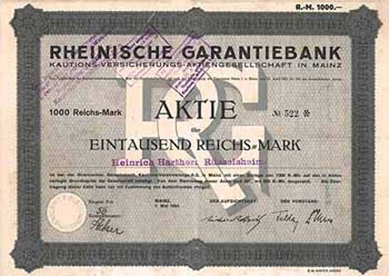Eine Aktie über 1.000 Reichsmark, 1924 (Quelle: Sammlung Michael Bermeitinger)